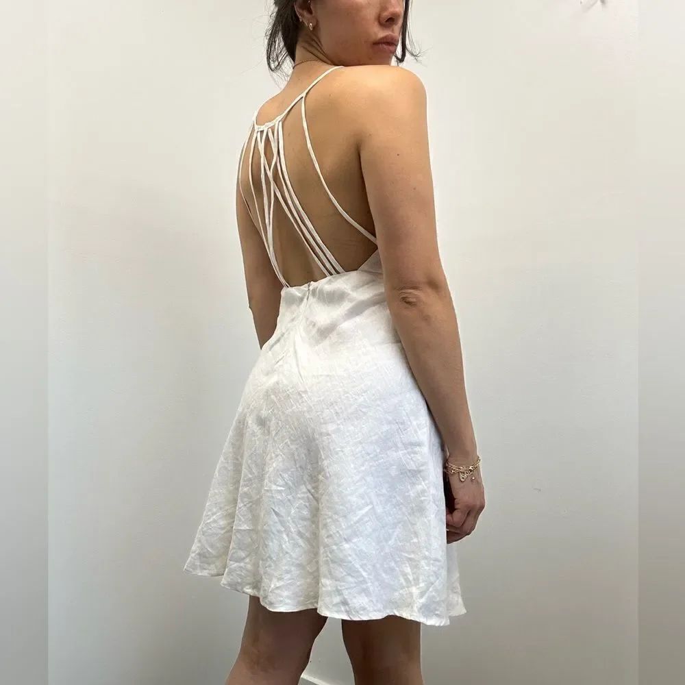 Azulu White Linen Open back Cross Strappy Back Mini Dress A-line Skirt Size 2 - Picture 3 of 12